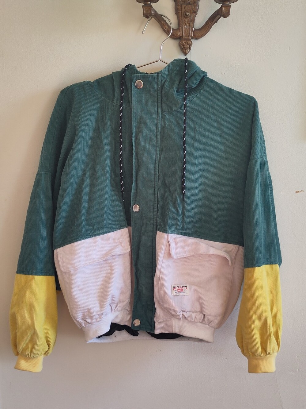 Colorblock Corduroy Hooded Jacket in Teal, White & Yellow